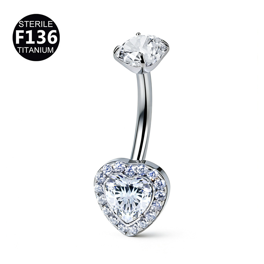 Heart-Cut Halo CZ Titanium Belly Button Ring 14G 10mm - F136TBP003-S1410