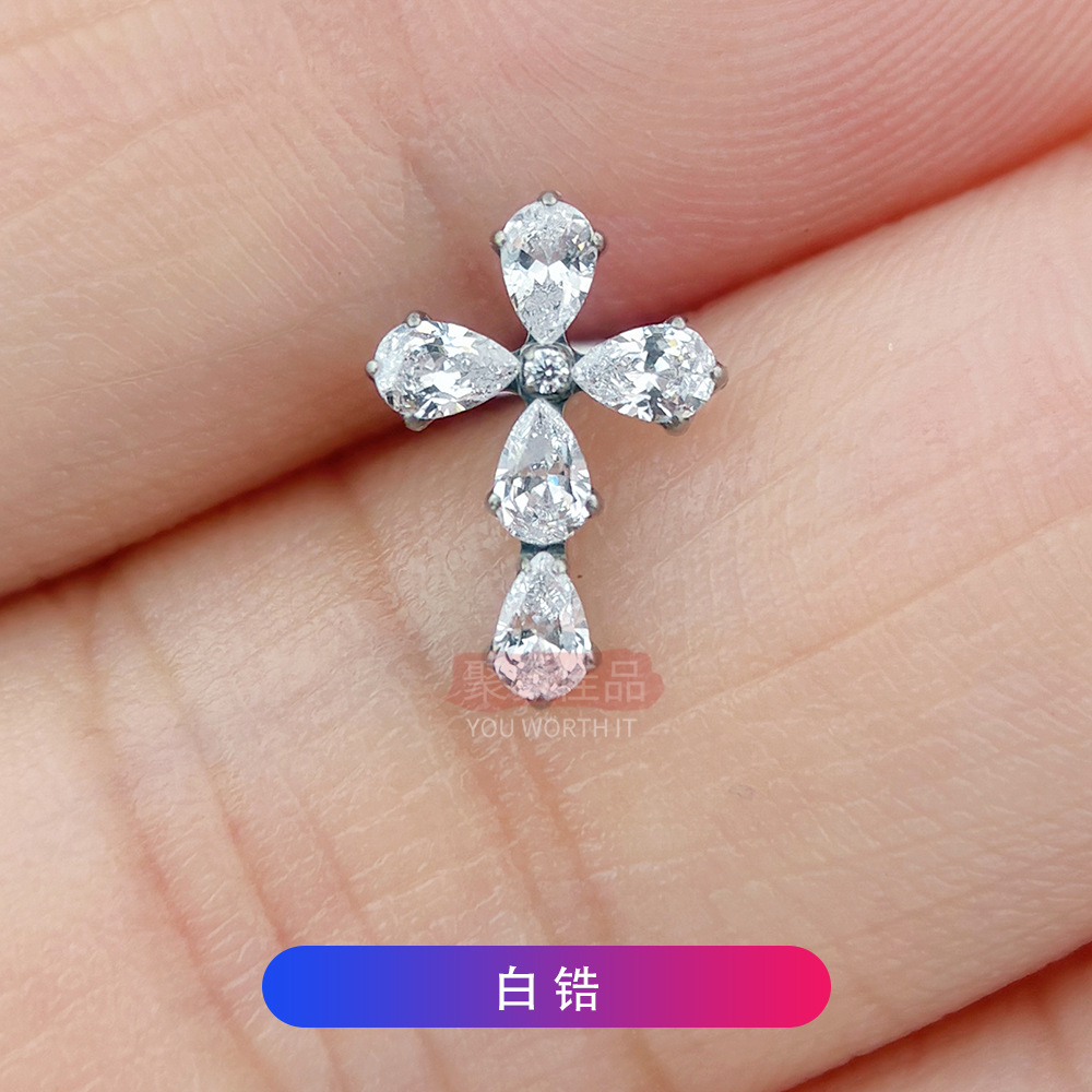 Pear Cut CZ Cross Labret ASTM F136 Titanium 16G 8mm - F136TEP012