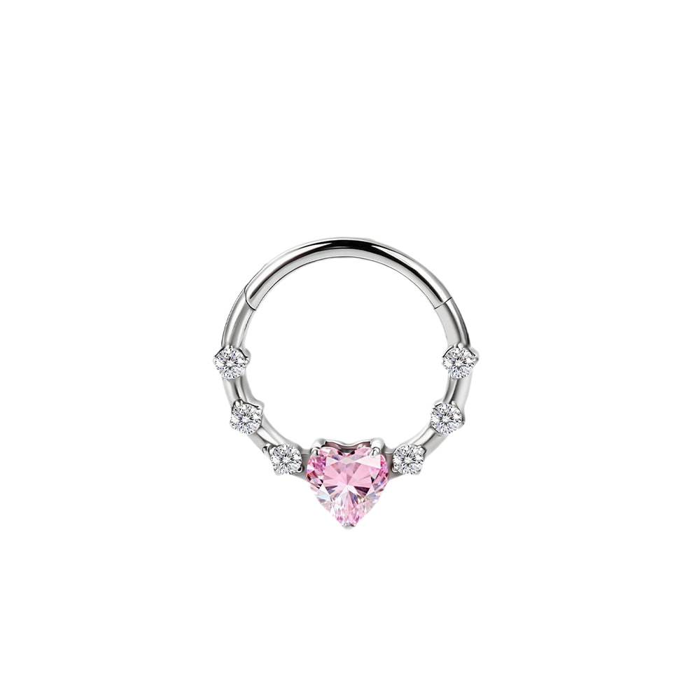 Pink Heart & Round CZ Hinged Clicker G23 Titanium 16G – F136TEP039