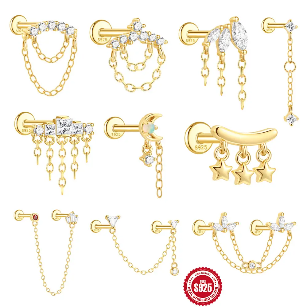 Sterling Silver Dangle Labret Earring with Chain & Charms – Star, Moon, Marquise CZ Cartilage Stud – SP1606040