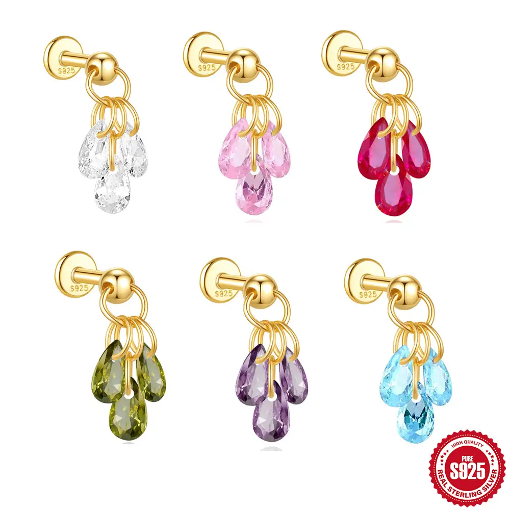 Pear CZ Triple Dangle Labret 925 Sterling Silver 16G 6mm – SP1606044