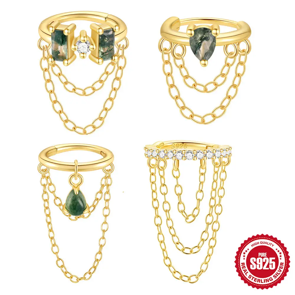 Moss Agate & CZ Chain Hinged Clicker 925 Sterling Silver 16G 8mm – SP1606045