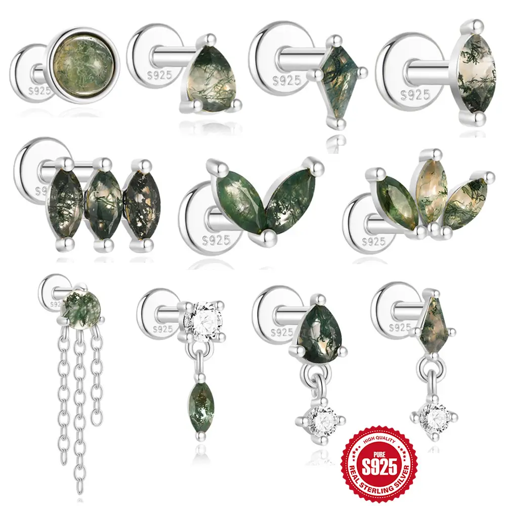 Natural Moss Agate Collection Labret 925 Sterling Silver 16G 6mm – SP1606046