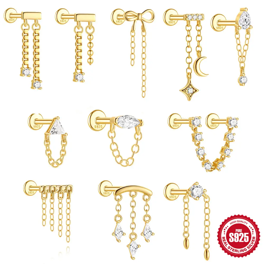 Celestial & Geometric Dangle Chain Labret 925 Sterling Silver 16G 6mm – SP1606048