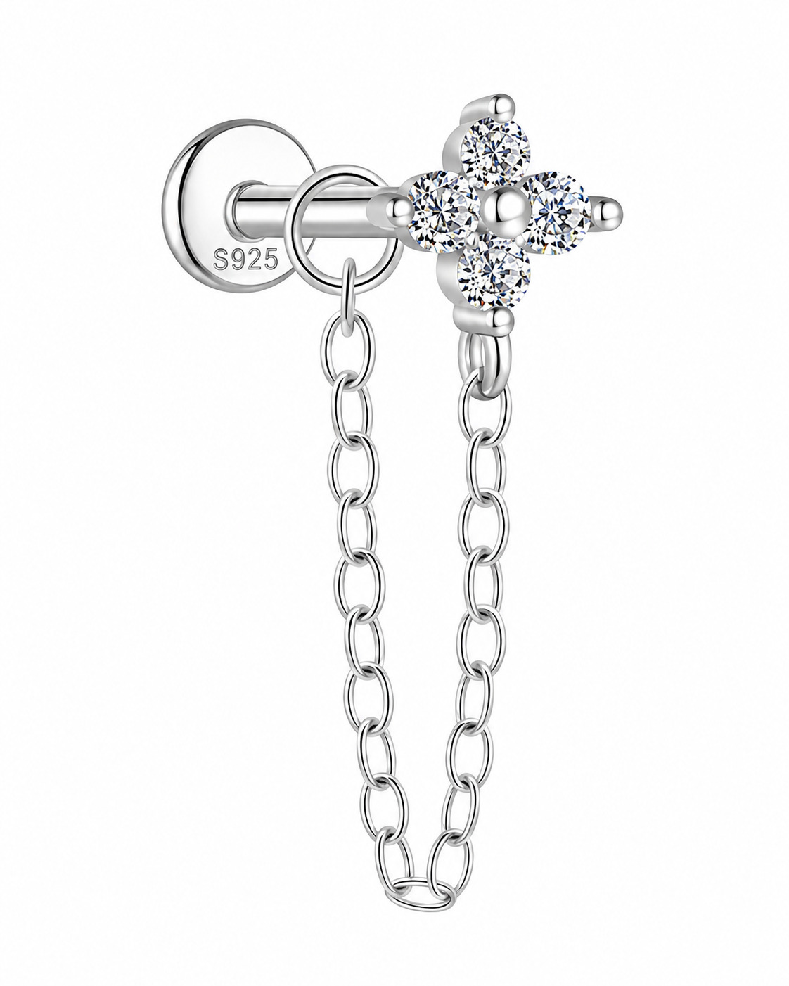 Flower Cluster Dangle Chain Labret Stud Sterling Silver 16G 6mm – SP1606070